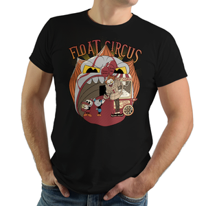 Float Circus - Retro and Pixel Video Game T-shirts - It, Pennywise, Cuphead, Circus, Xbox, Shooter, Mugman, Clown, T-Shirt, Women, Men, Game, Geek, Nerd, Movie Game Mashup, Animation, Popcorn