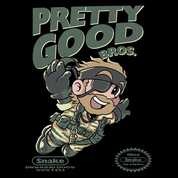 Pretty Good Bros - Retro and Pixel Video Game T-shirts - Nintendo, NES, Super Mario, Mario 3, Box Art, SMW, Super Mario World, Bowser, Gamer, Mario Bros, Mash Up, Metal Gear Solid, Big Boss, Solid Snake, MGS 3, Soldier, Pretty Good, Snake Eater, Men, Women, Kids, Tees, Clothes